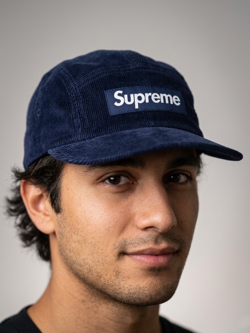 Supreme Navy Corduroy 5-Panel Cap with Brown Lamb Leather Strap Unisex